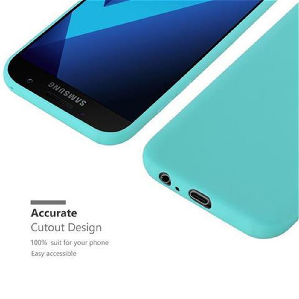 Un telefono Samsung color turchese con design ritagliato che mostra le porte.