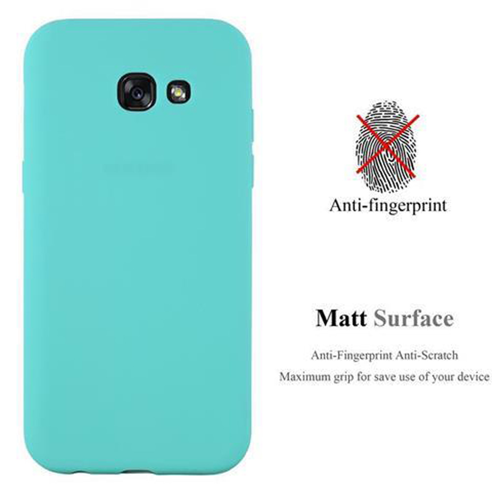 Custodia turchese per telefono con ritaglio fotocamera e flash. Logo anti-impronta.