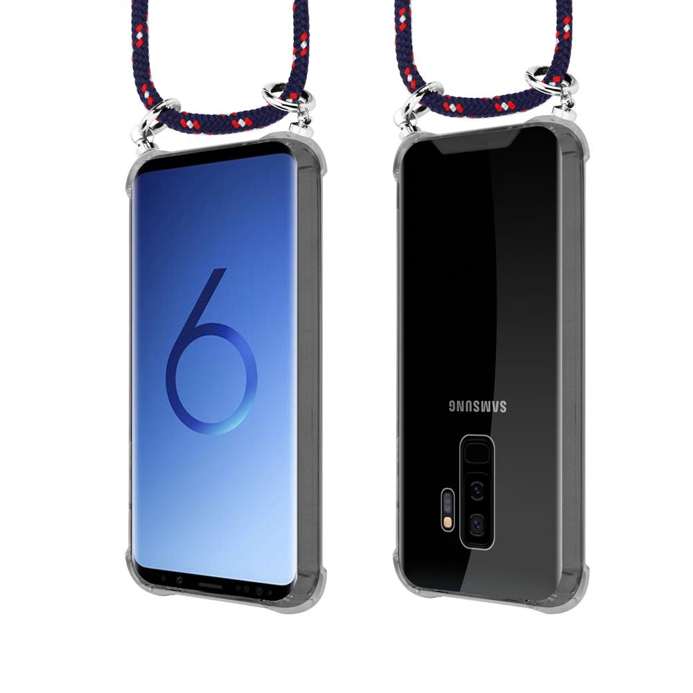 Due telefoni Samsung con cordini, uno frontale, uno posteriore.
