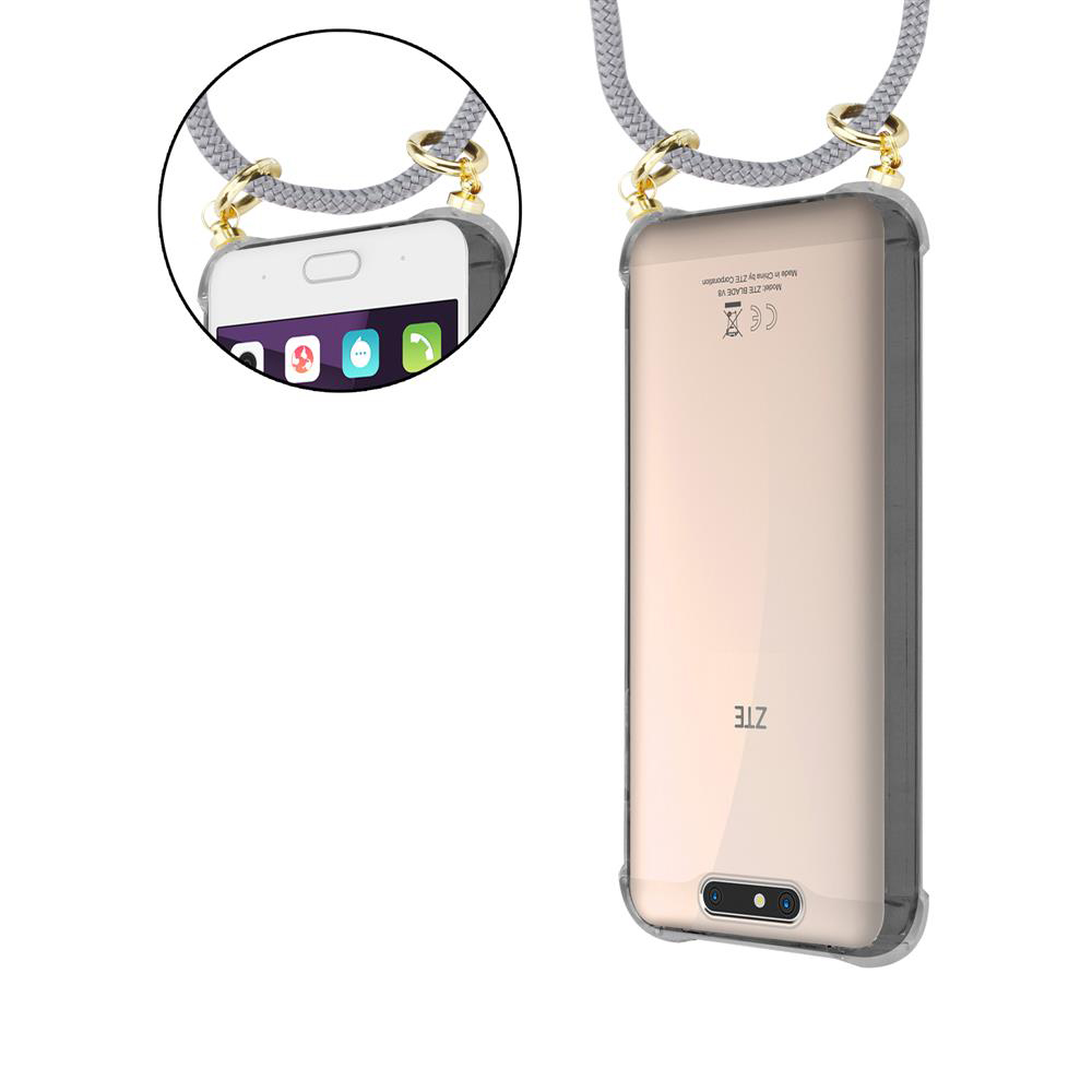 Ein Smartphone mit einer transparenten Hülle und einem Lanyard, das an der Oberseite befestigt ist.