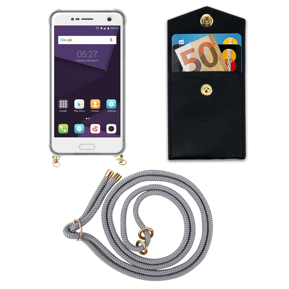 Ein Smartphone mit einer Brieftasche und einer Kordel.