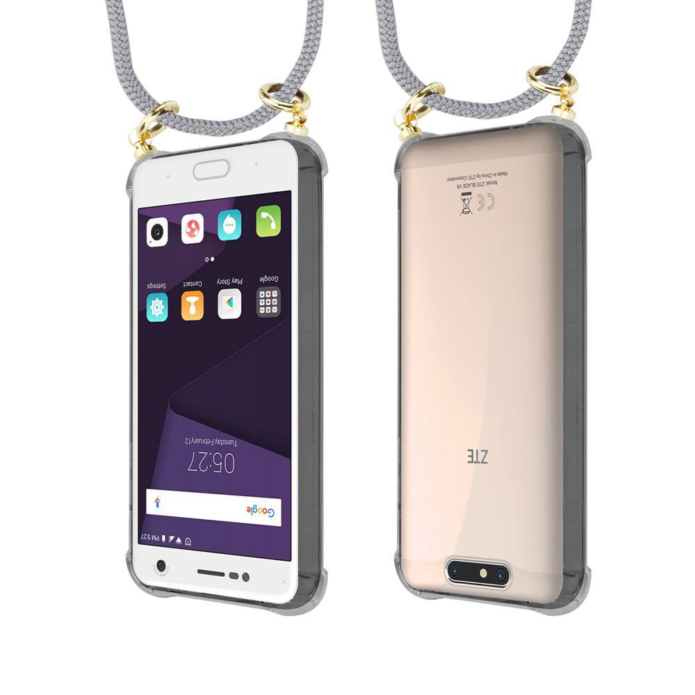 Vorder- und Rückansicht eines weißen ZTE-Handys in grauer Hülle mit grauer Handschlaufe.