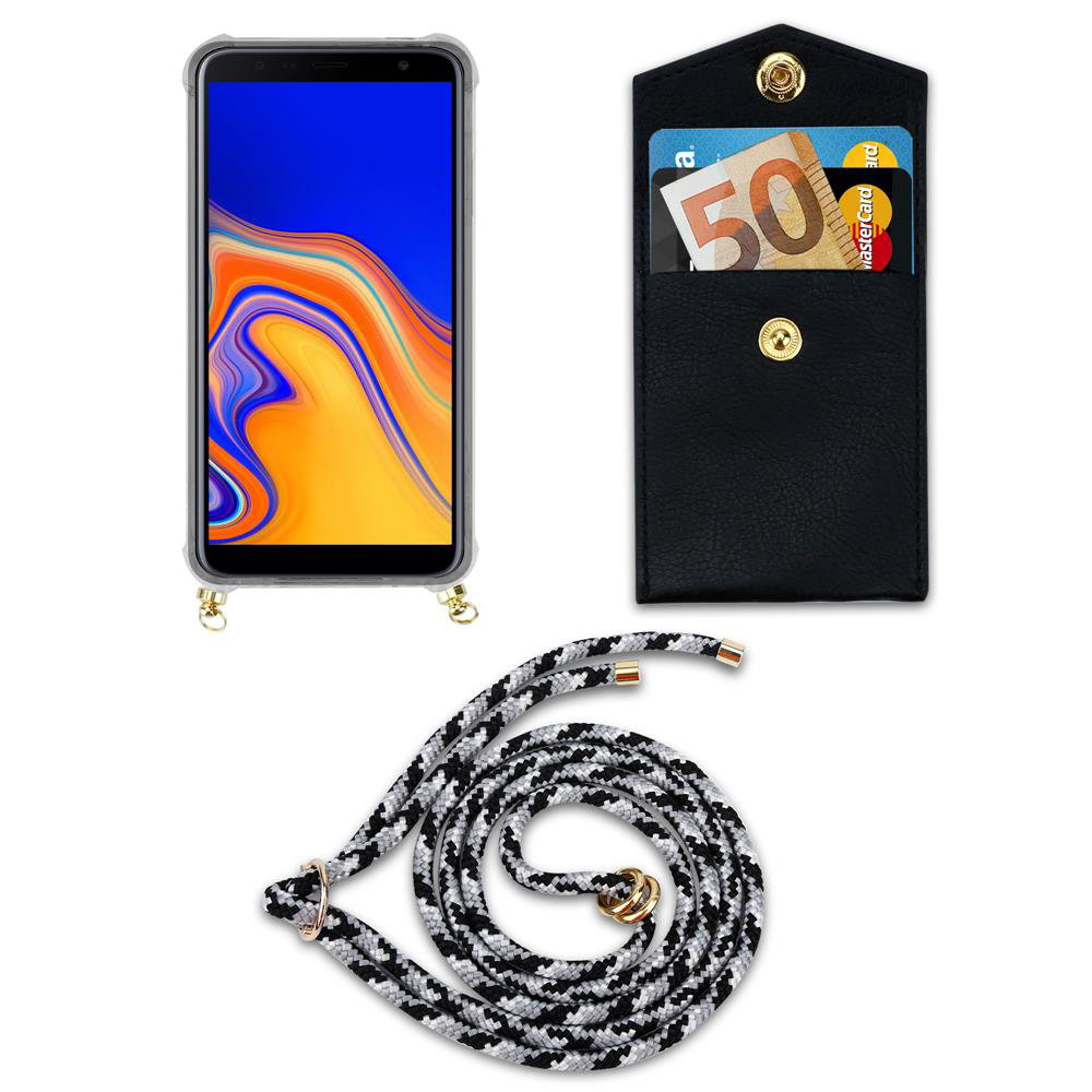 Telefono con custodia trasparente, portafoglio nero con banconota da 50 euro e corda b/n.