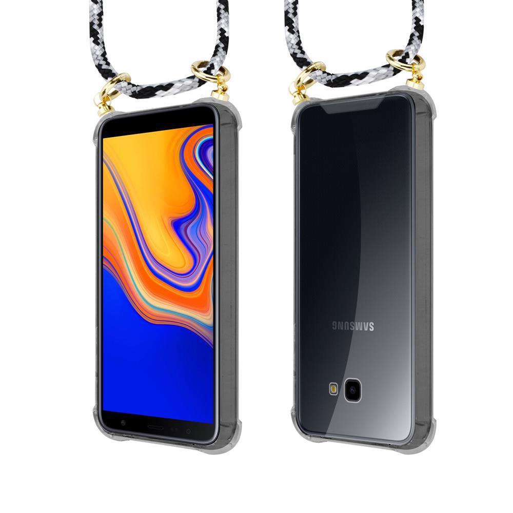Uno smartphone in custodia trasparente con cinturino, visto fronte e retro.