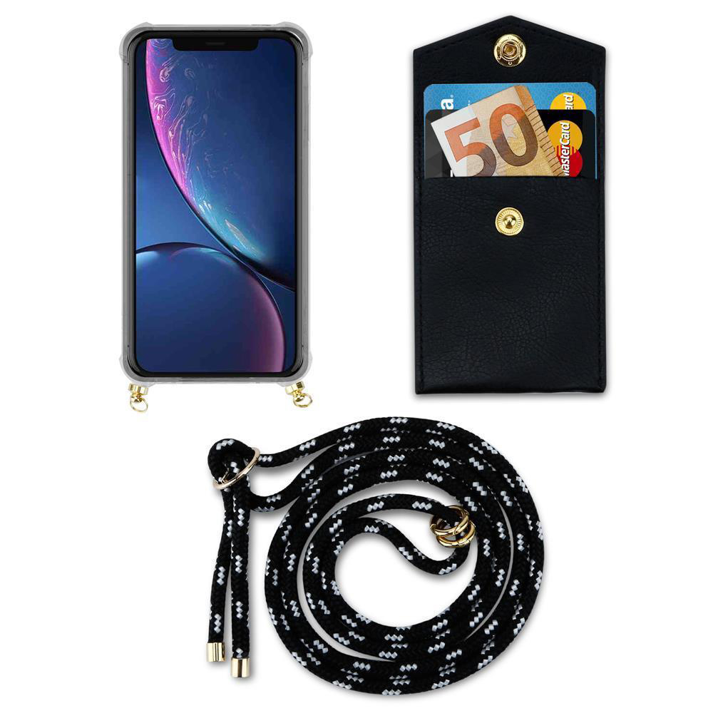 Uno smartphone in custodia, un portafoglio nero con carte e denaro, e un cordino.