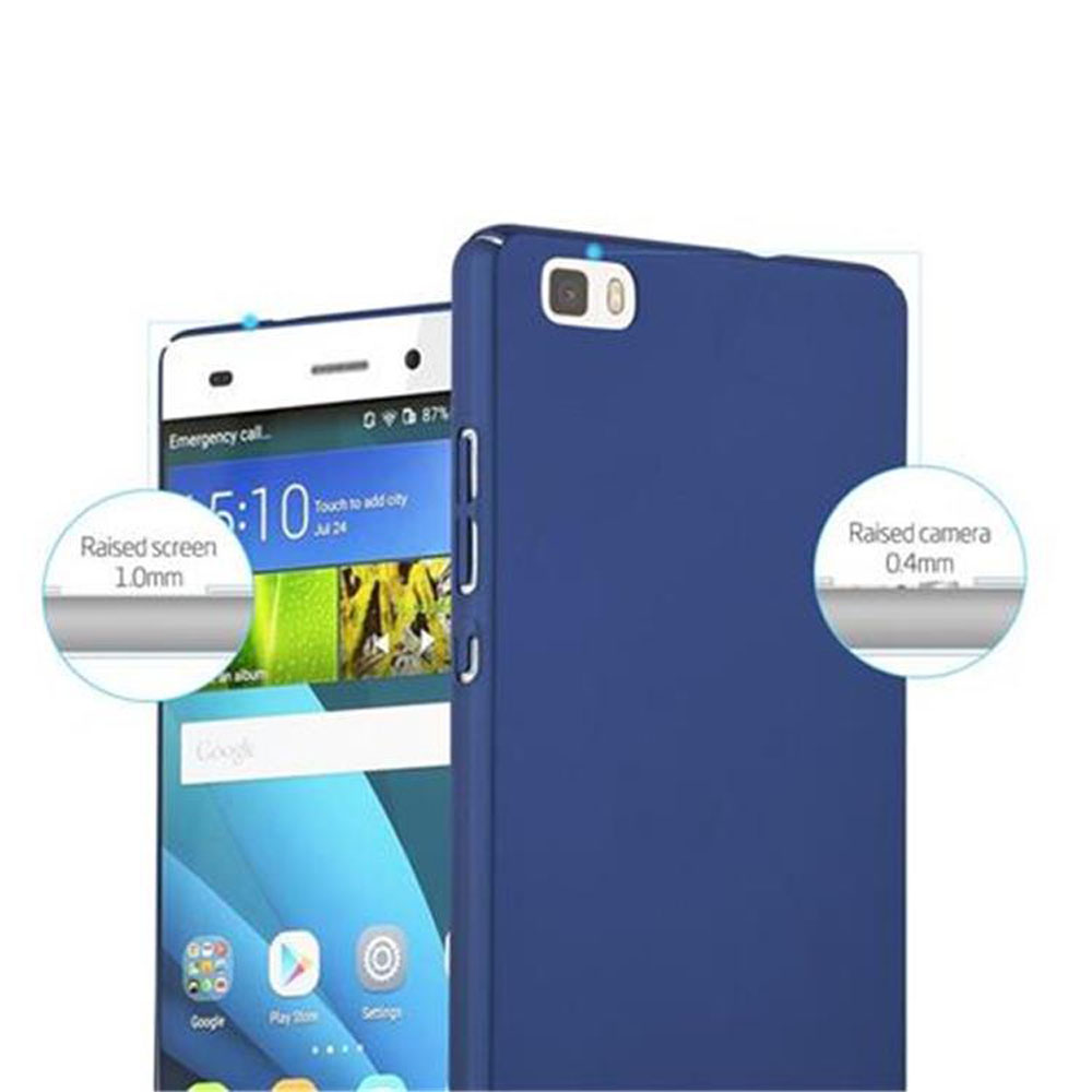 Un smartphone azul con funda, que muestra la altura elevada de pantalla y cámara.