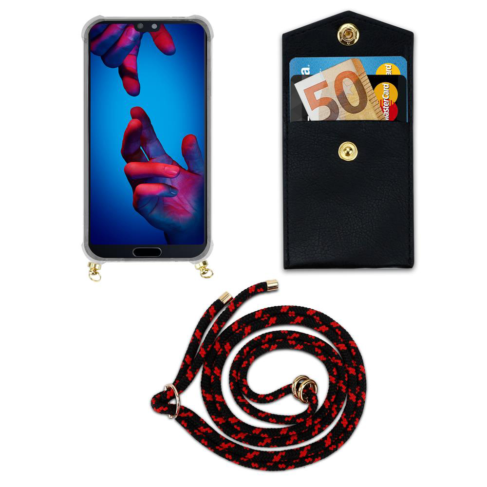 Smartphone in custodia, porta carte con banconota da 50 euro e laccetto.