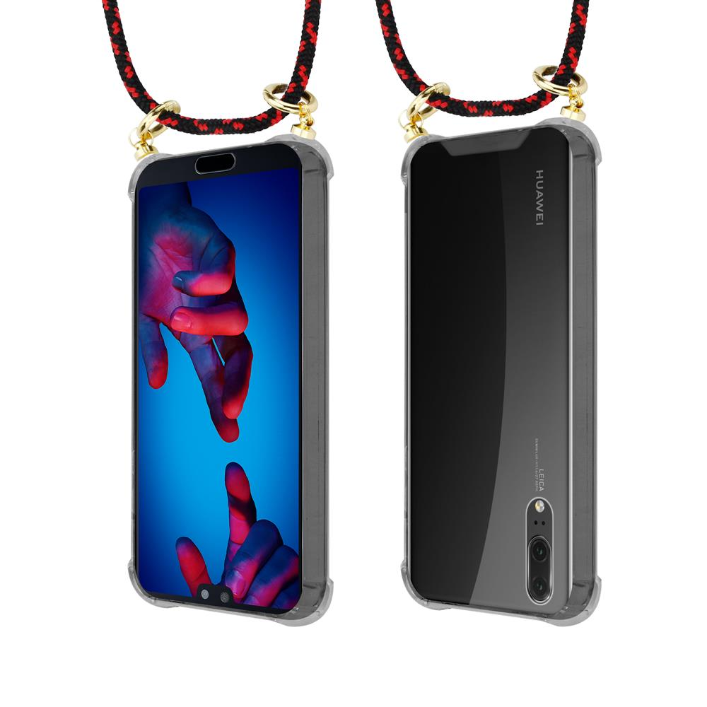 Due custodie trasparenti per smartphone con cordini rossi e neri.