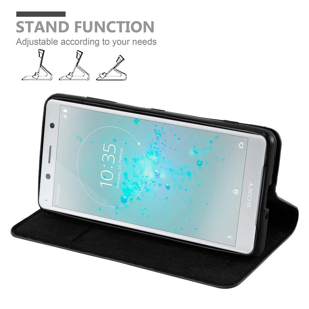 Smartphone Sony in custodia nera con supporto, mostra tre funzioni.