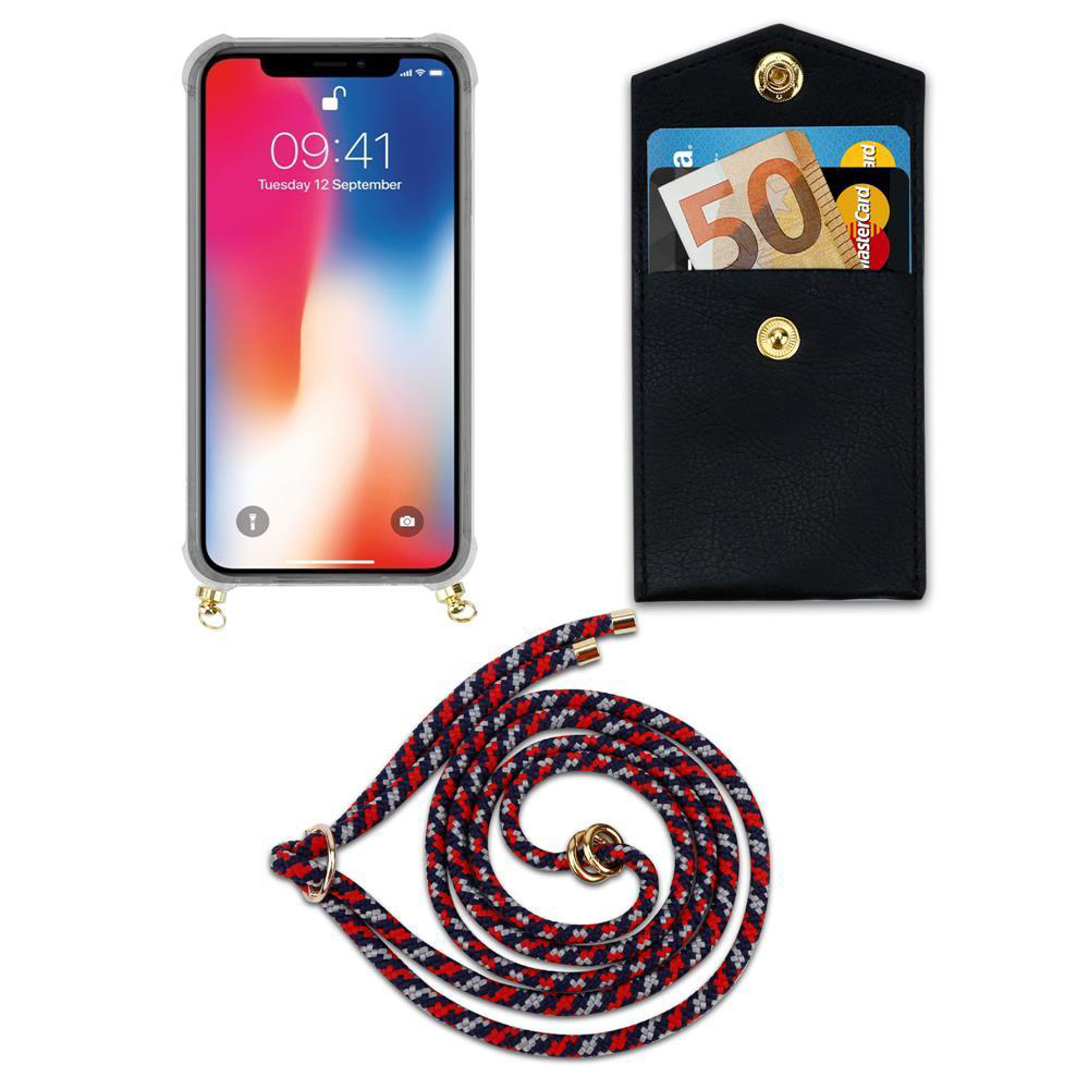 Uno smartphone in custodia, un portafoglio nero con carte e contanti, e un cordino.