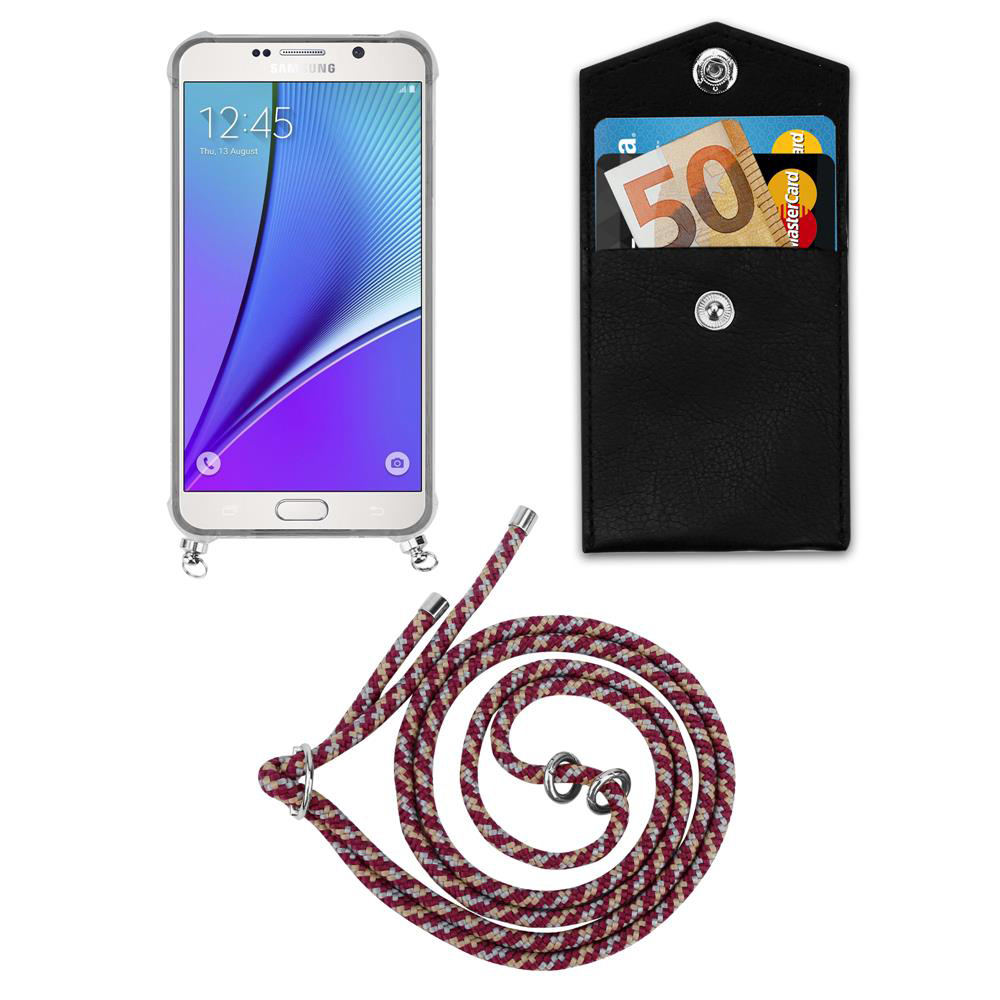 Smartphone mit Hülle, Geldbeutel mit Geld und Karte, und eine Kordel.