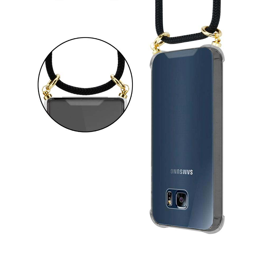 Custodia Samsung scura con laccetto, primo piano.