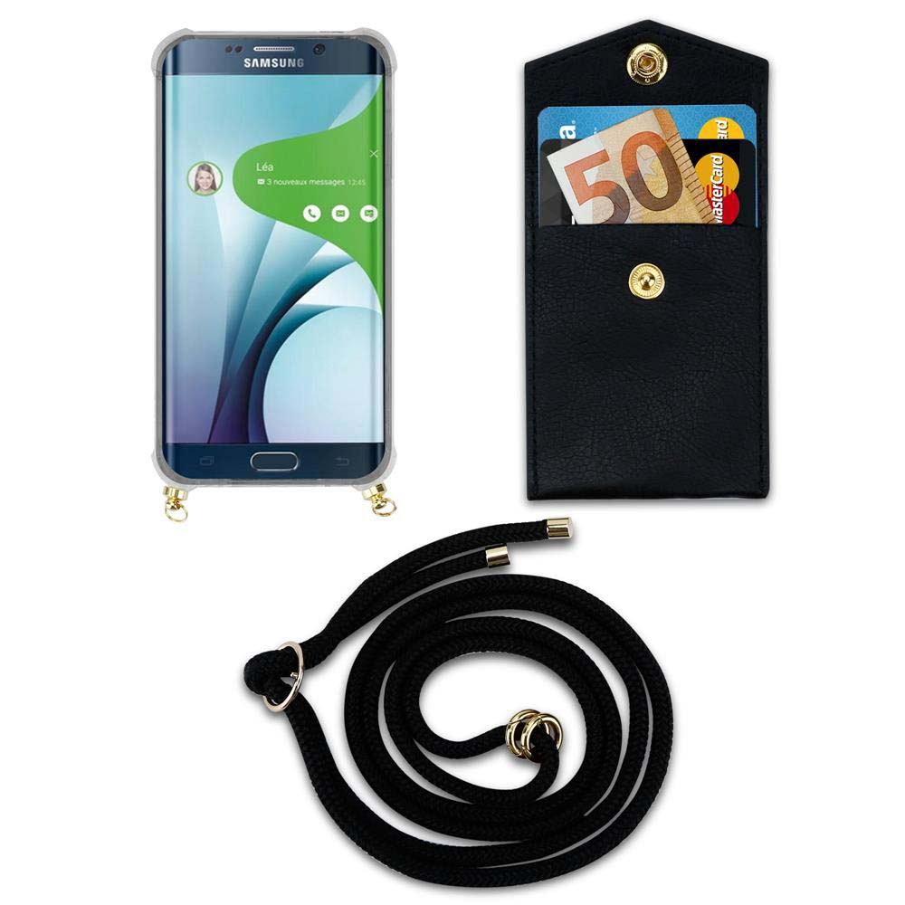 Telefono Samsung con custodia trasparente, portafoglio nero con soldi e carte, cordino nero.