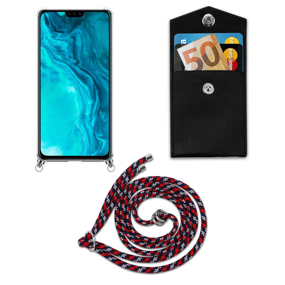 Smartphone con cover, astuccio nero con banconota e carta, cordino.