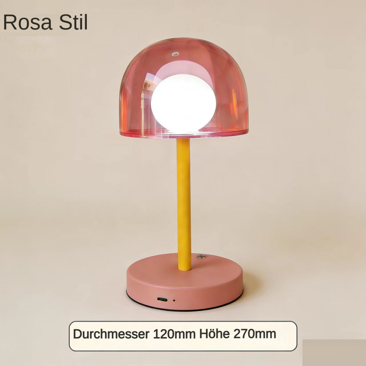 Eine rosa Lampe mit gelbem Stiel und runder Basis auf neutralem Hintergrund.