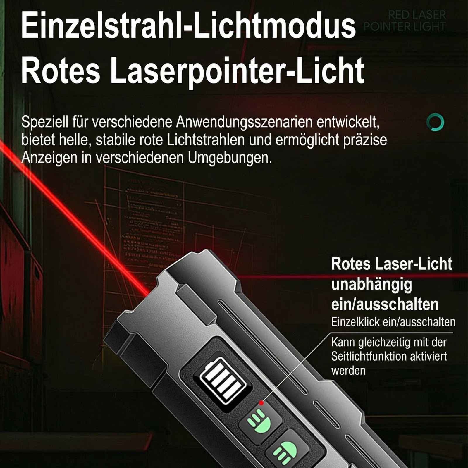 Ein roter Laserstrahl wird von einem grauen Gerät abgegeben. Es gibt deutsche Texte.