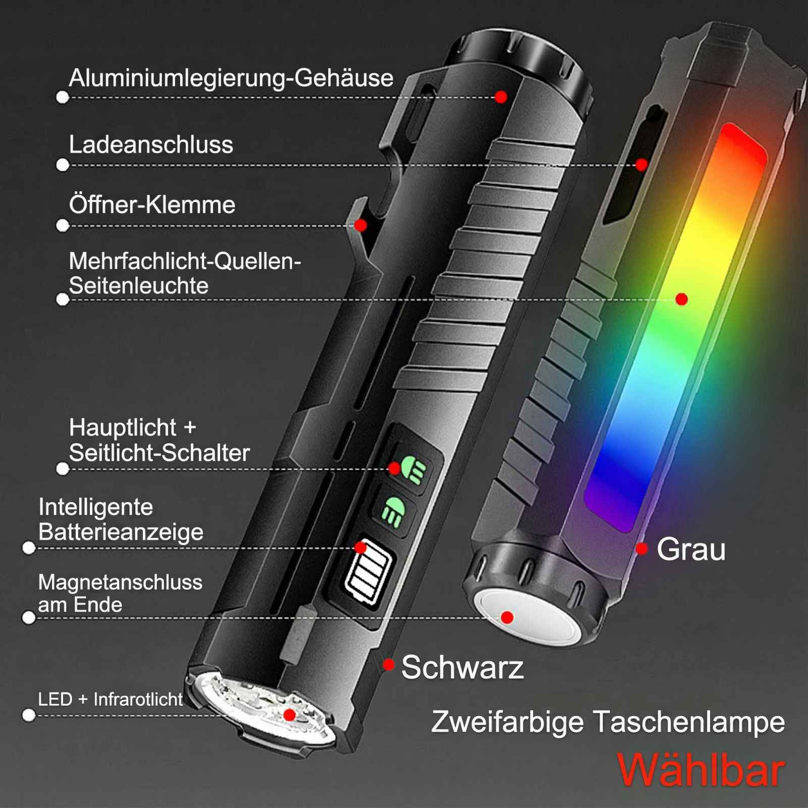 Zwei Taschenlampen: eine schwarz mit Beschriftung, eine graue mit Farbspektrum.