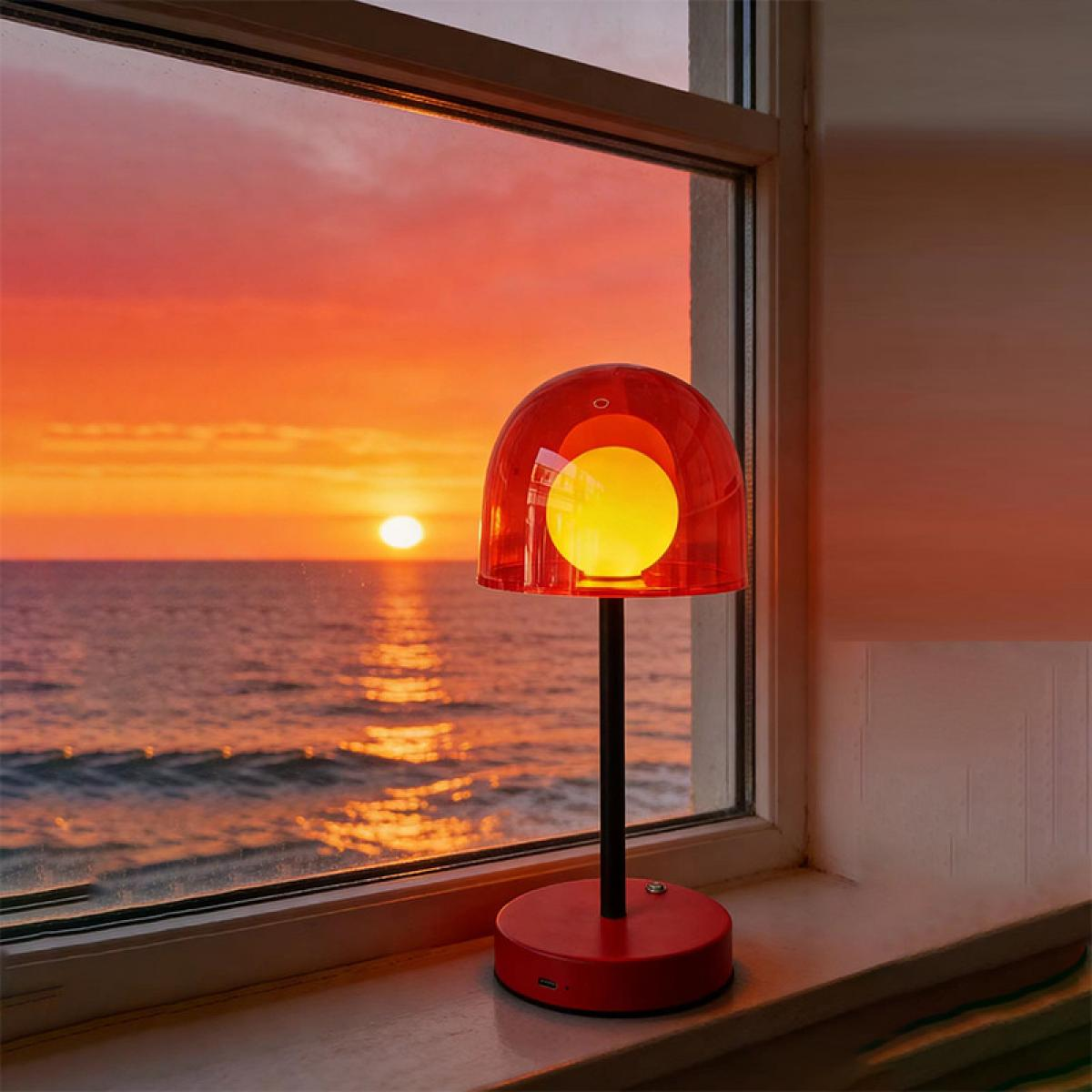 Eine rote Lampe steht auf einer Fensterbank am Meer bei Sonnenuntergang.