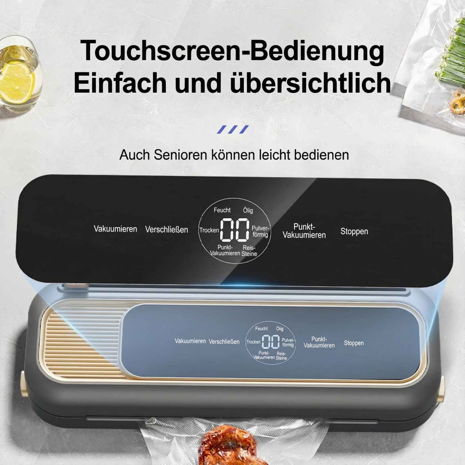 Vakuumiergerät mit Touchscreen-Bedienung, zeigt verschiedene Modi an.