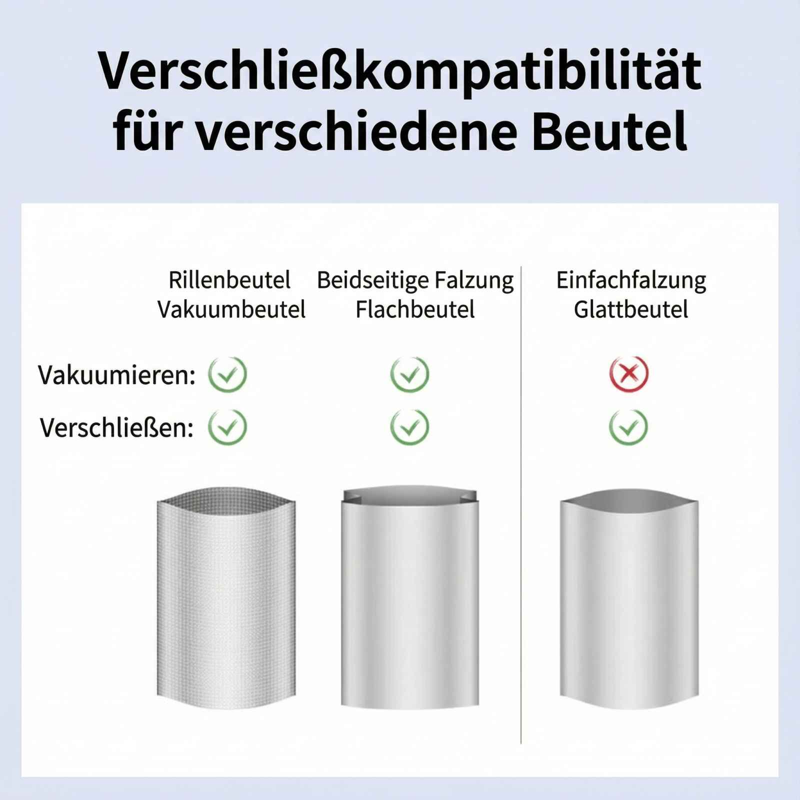 Vergleich von Beuteln: Vakuumieren und Verschließen mit Haken oder Kreuz.