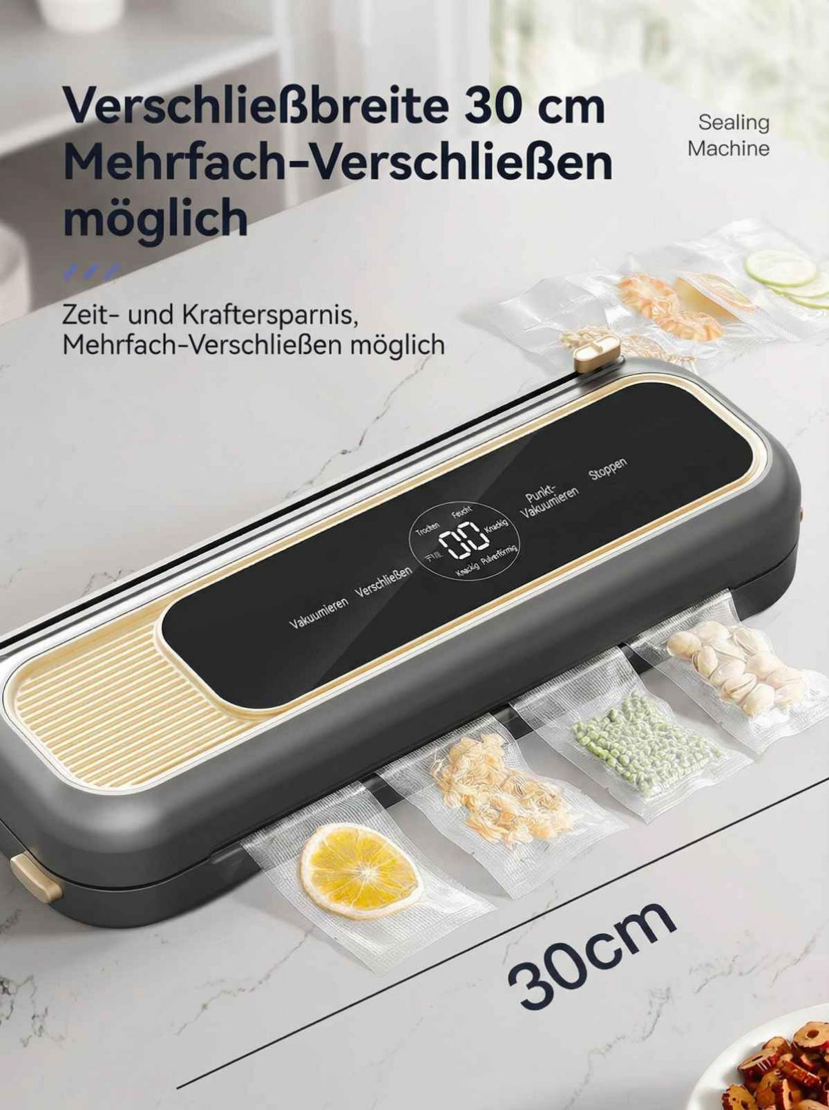 Ein dunkler Vakuumierer mit 4 versiegelten Beuteln voller Lebensmittel.
