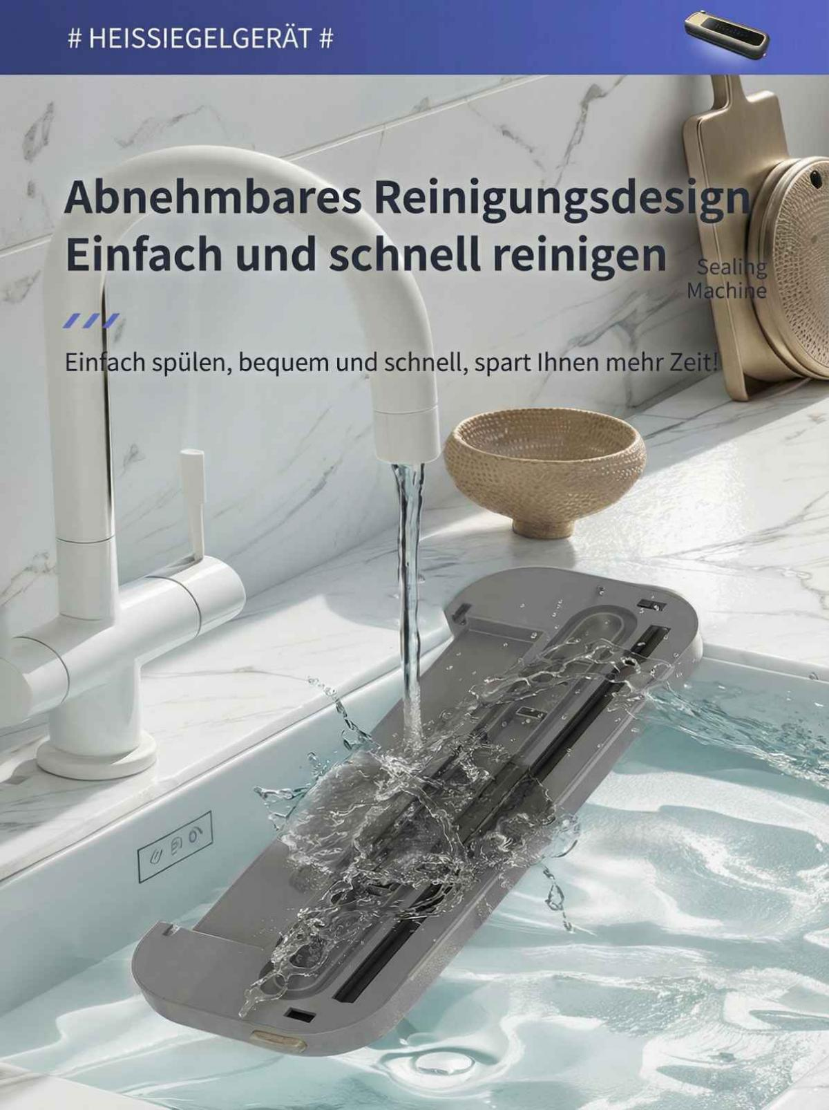 Ein weißer Wasserhahn spült ein graues Gerät in einer Spüle.