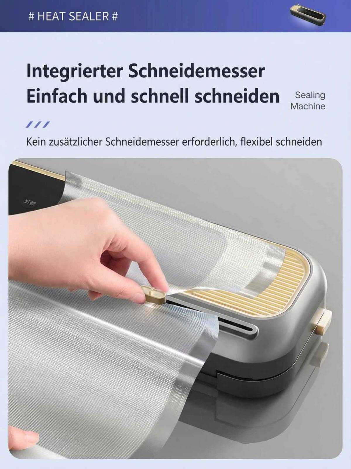 Hand benutzt integriertes Messer zum Schneiden von Folie auf einer Versiegelungsmaschine.