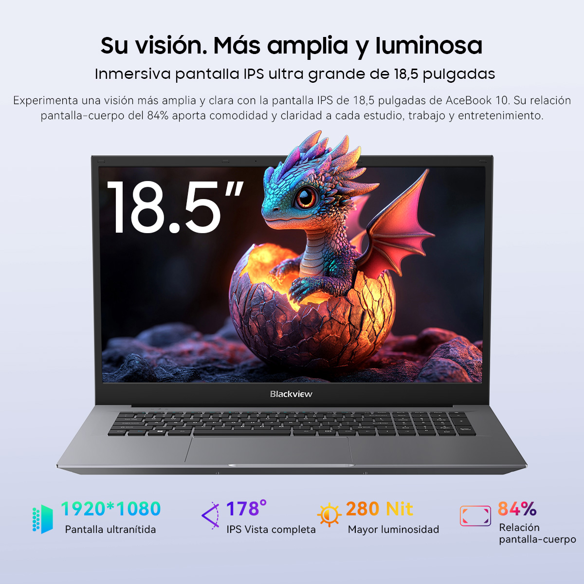 Un portátil con pantalla de 18,5 pulgadas que muestra un dragón bebé.