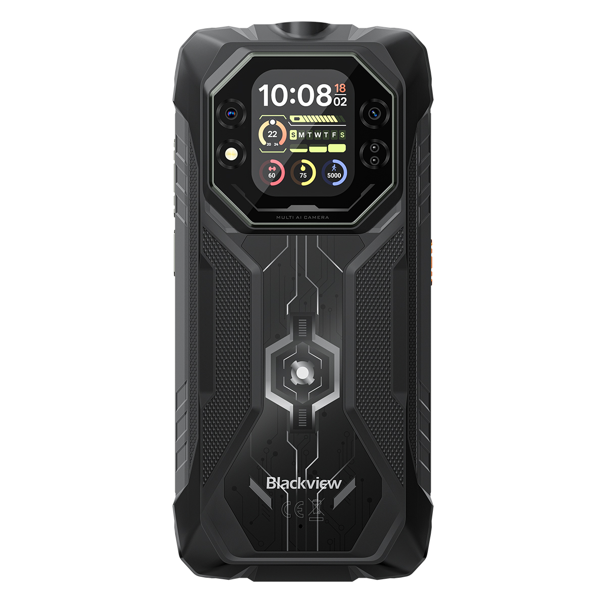 Teléfono inteligente robusto negro con cámaras y pantalla digital.