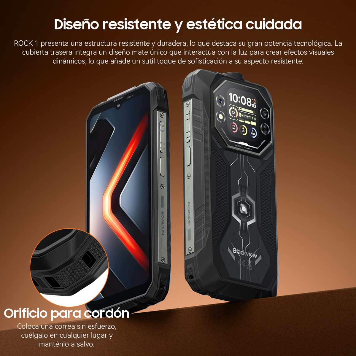 Dos smartphones Blackview negros con diseño robusto y orificio para cordón.