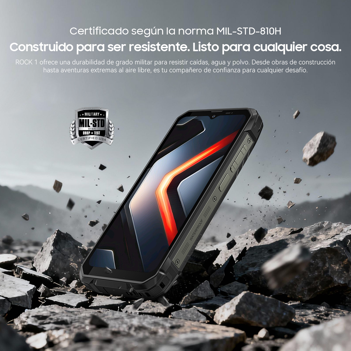 Smartphone robusto para exteriores rodeado de rocas y polvo. Certificado MIL-STD-810H.