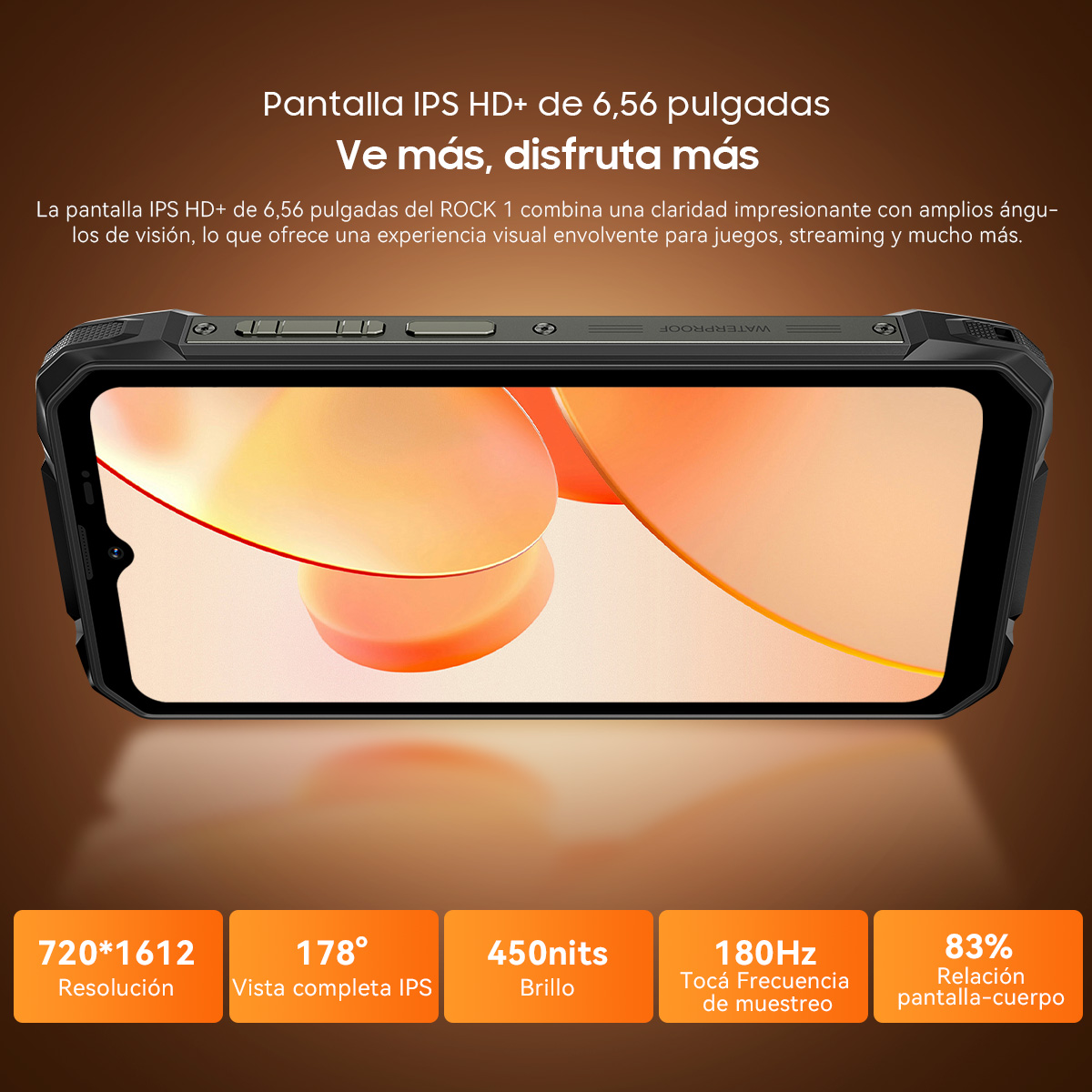 El smartphone ROCK 1 tiene pantalla IPS HD+ de 6,56", resolución 720*1612, ángulo 178°.