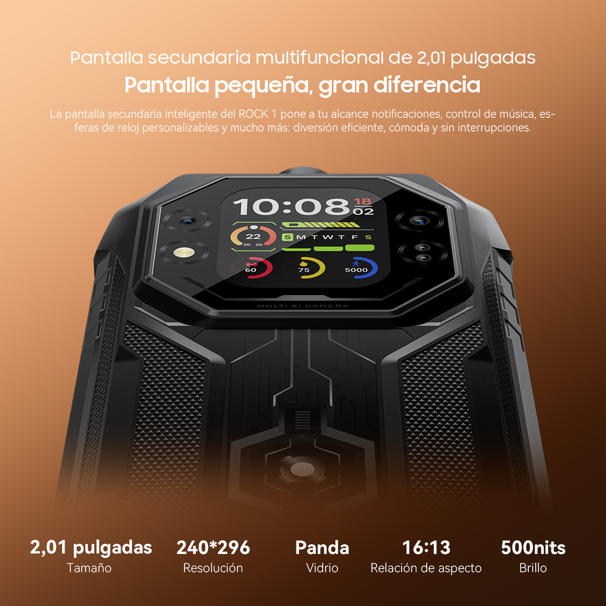 Primer plano de la pantalla secundaria de un smartphone robusto mostrando hora, fecha e iconos.