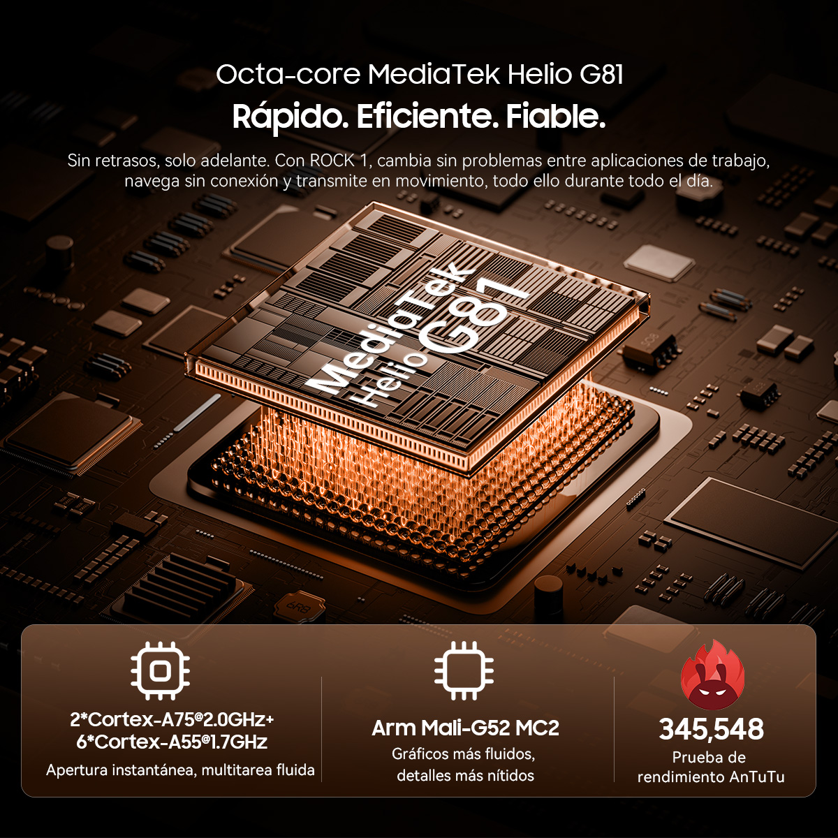 Primer plano de un procesador MediaTek Helio G81 con especificaciones técnicas y métricas.