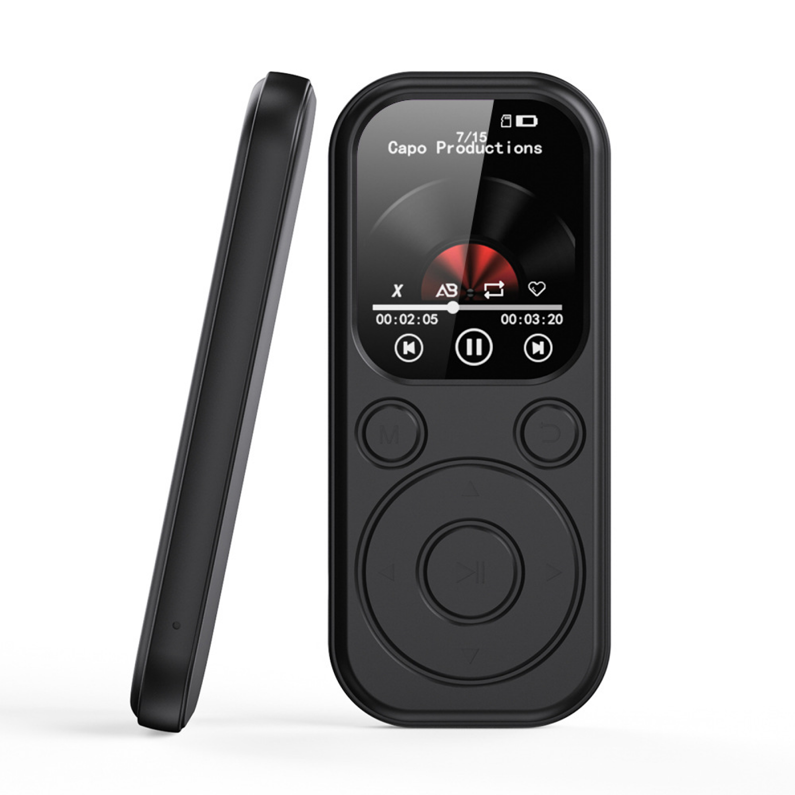 Schwarzer tragbarer Musikplayer mit Farbdisplay und Bedienelementen.
