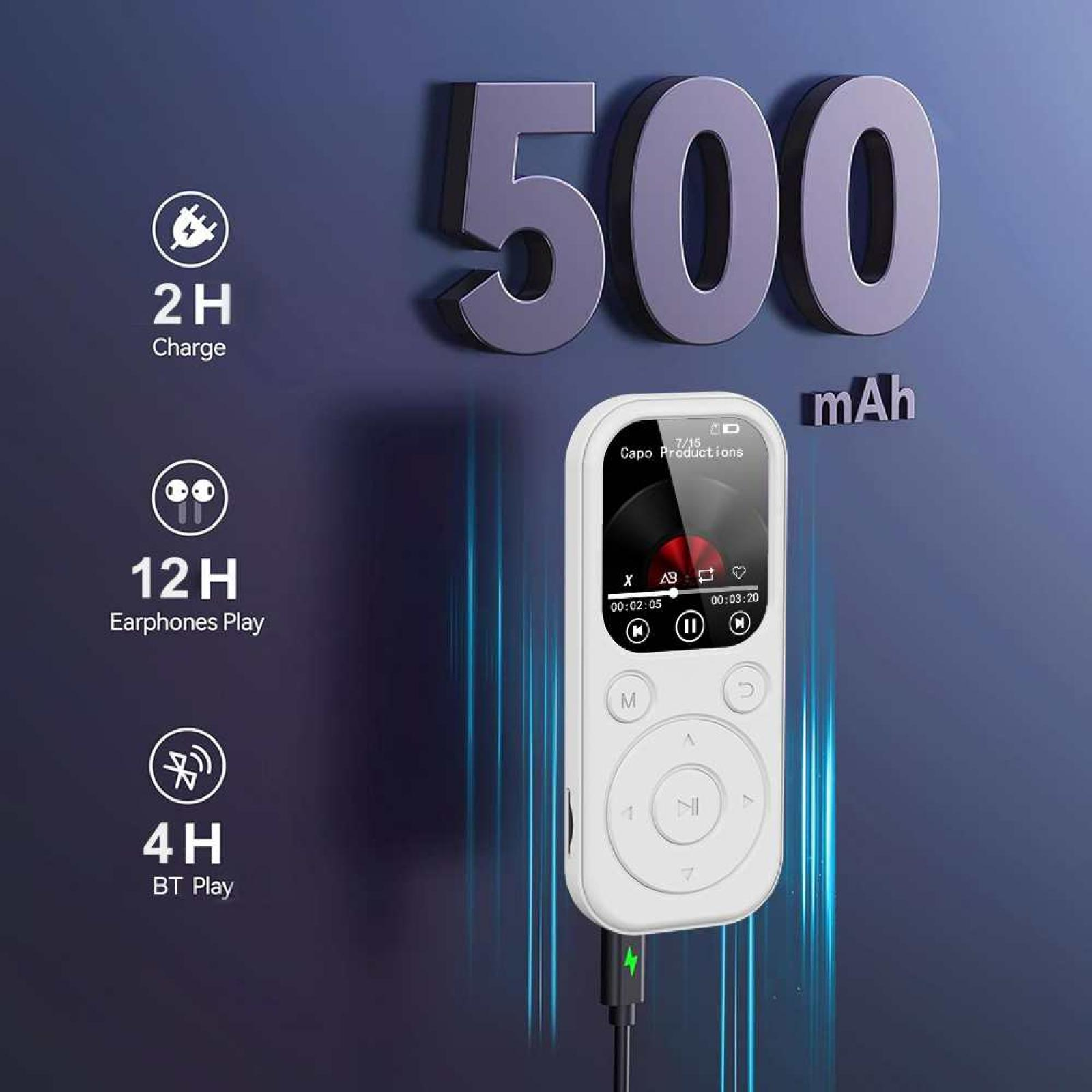 Weißer MP3-Player mit 500 mAh Akku, 2h Ladezeit, 12h Kopfhörer, 4h BT.