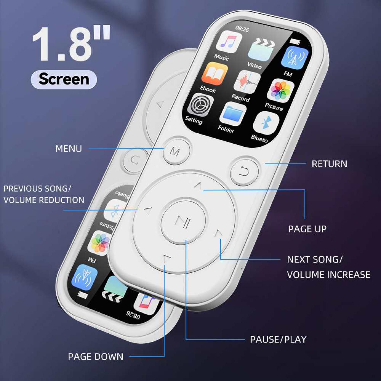 Weißes MP3-Gerät mit 1,8-Zoll-Bildschirm und App-Symbolen.