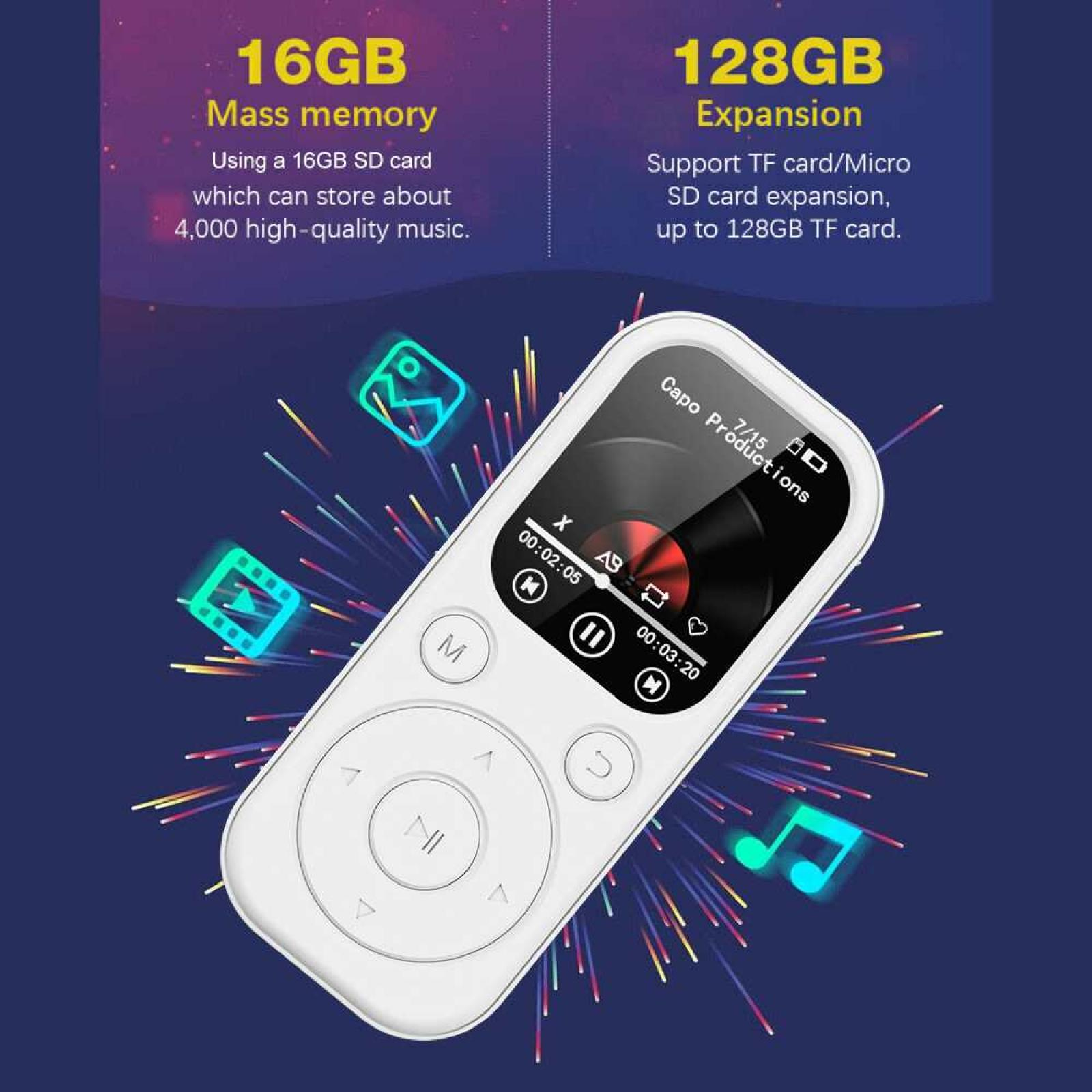 Ein weißer MP3-Player mit Musiksymbolen und Text über Speicherplatz.