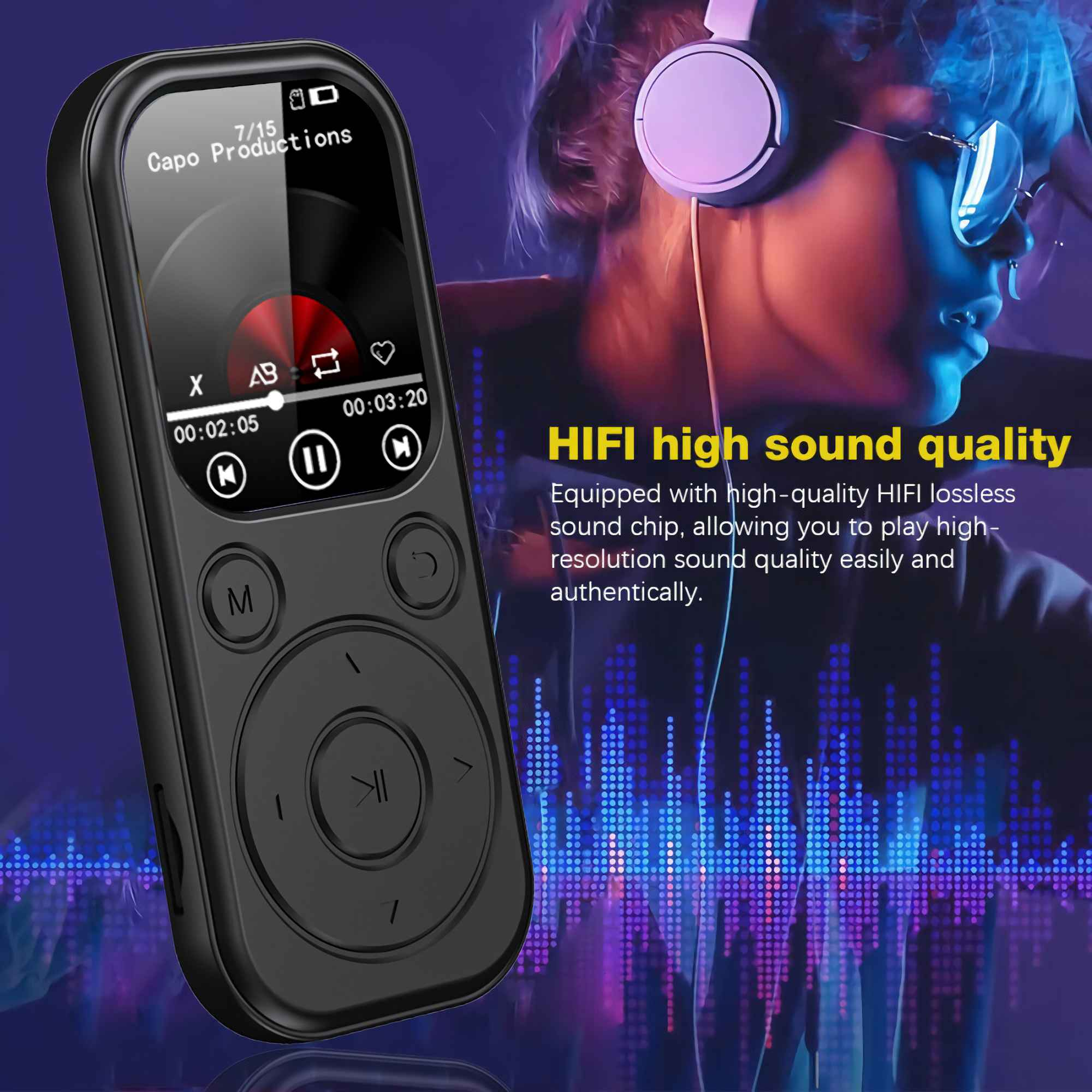 Schwarzer MP3-Player mit Kopfhörern und visuellen Equalizer-Effekten.