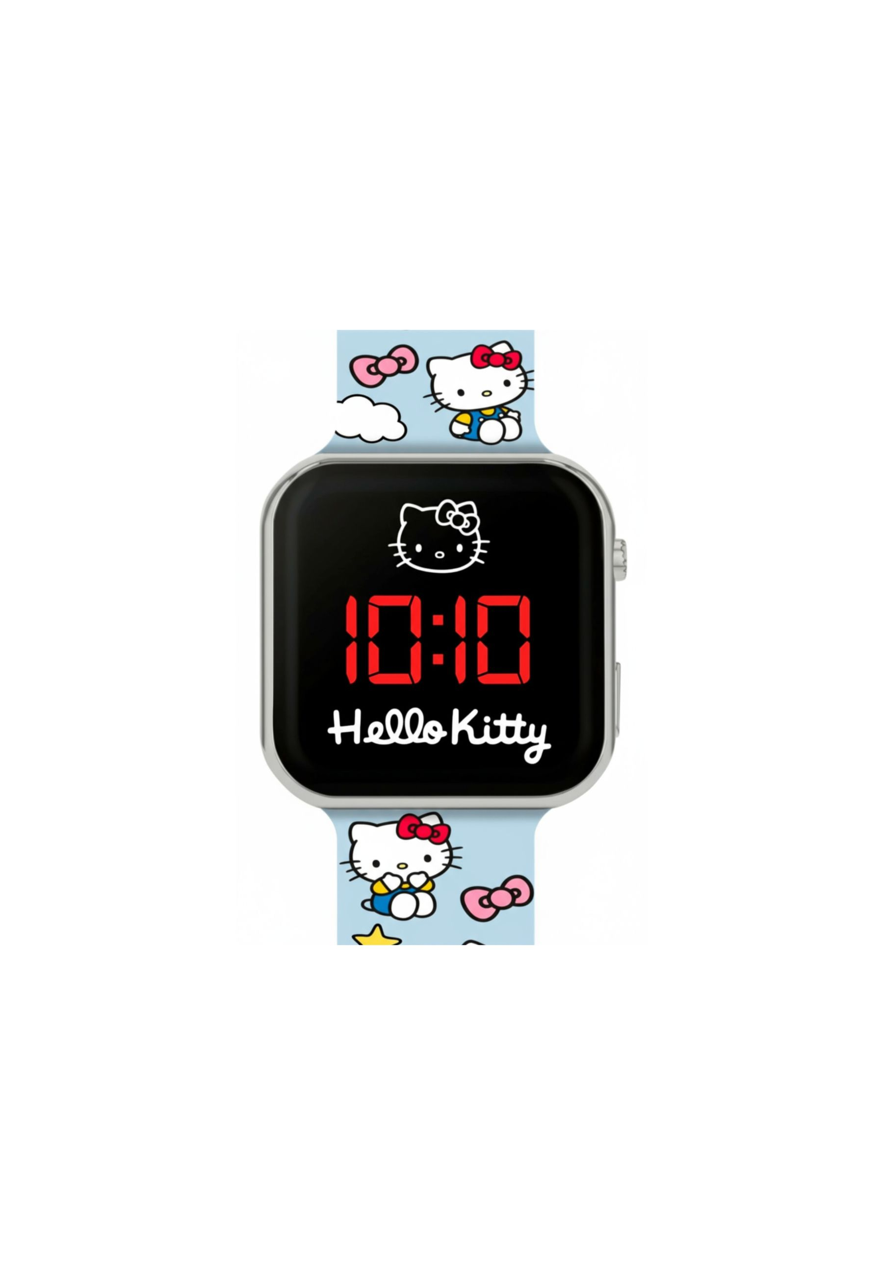 Digitale Uhr mit Hello Kitty-Motiv und 10:10 Anzeige.