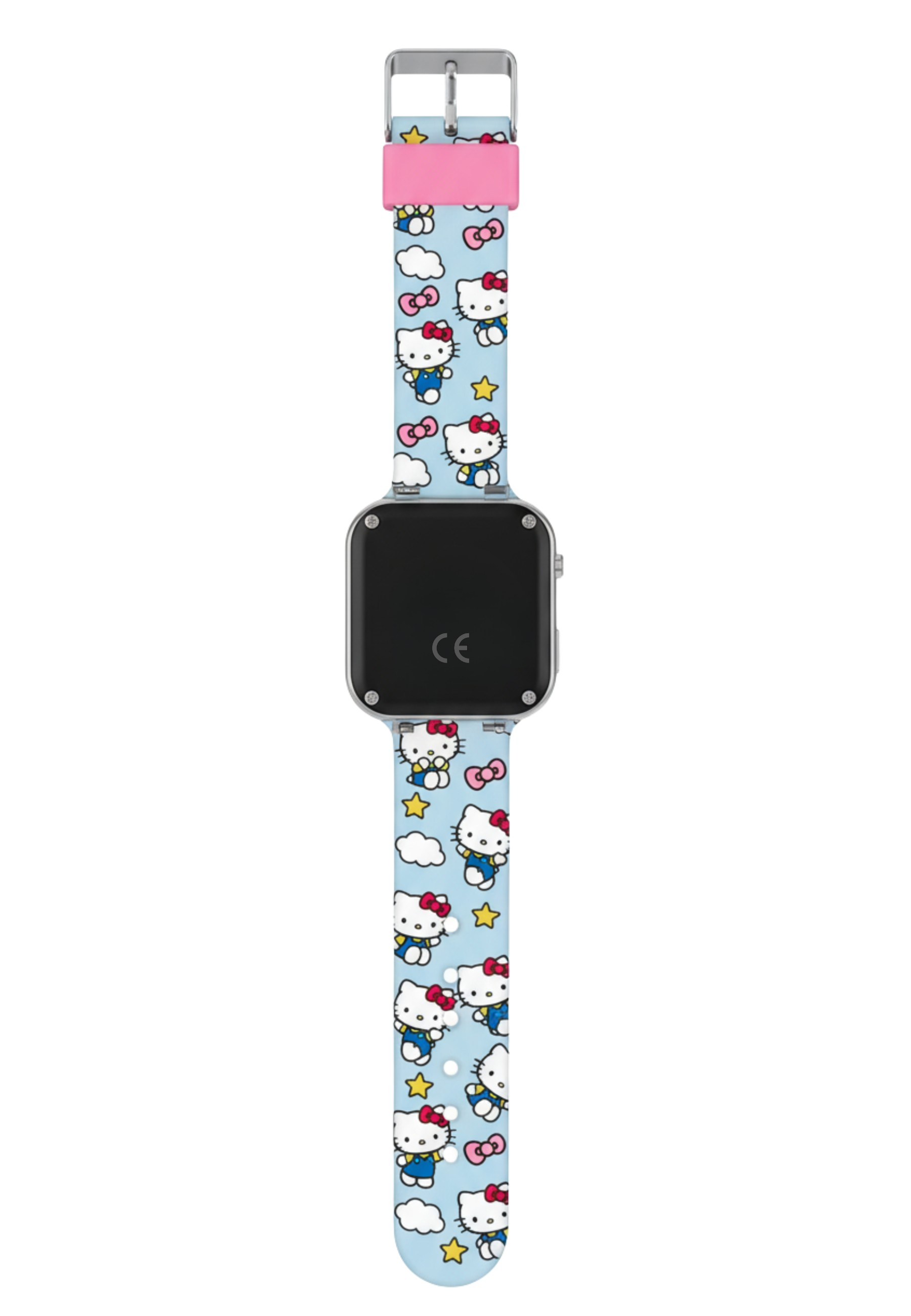 Eine Uhr mit einem blauen Hello Kitty-Armband. CE-Zeichen auf der Rückseite.