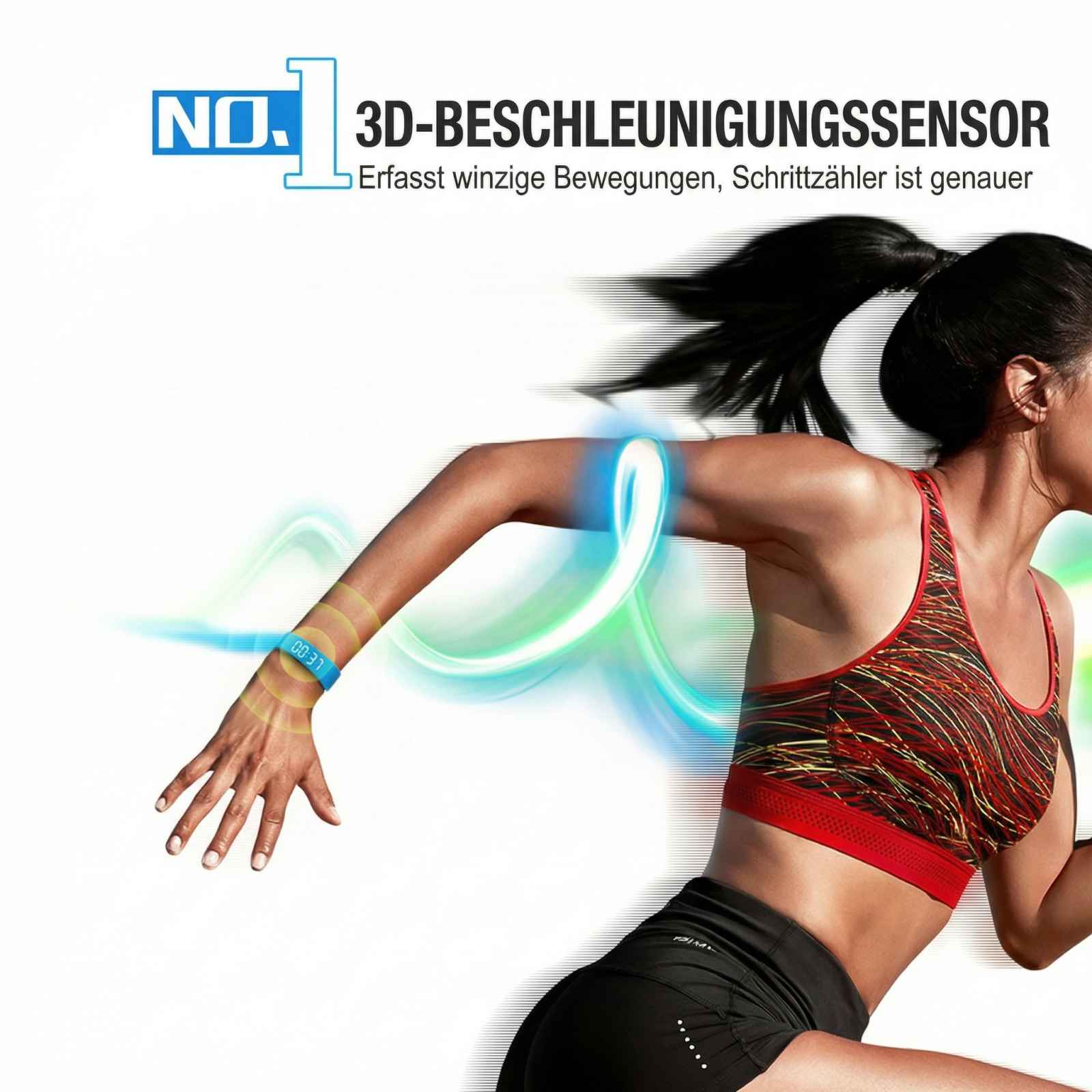 Läuferin mit Fitness-Tracker, der 00:31 anzeigt, mit blauen und grünen Lichteffekten.