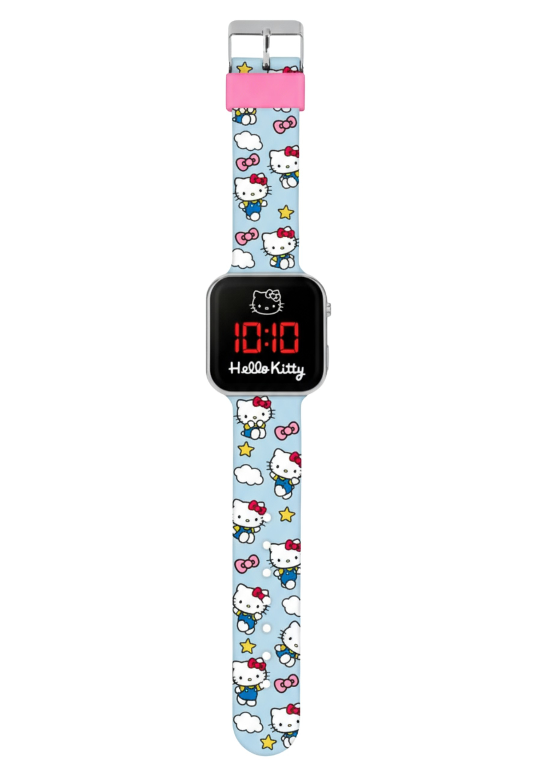 Blaue Hello Kitty Uhr mit digitaler Anzeige 10:10 und pinkem Band.
