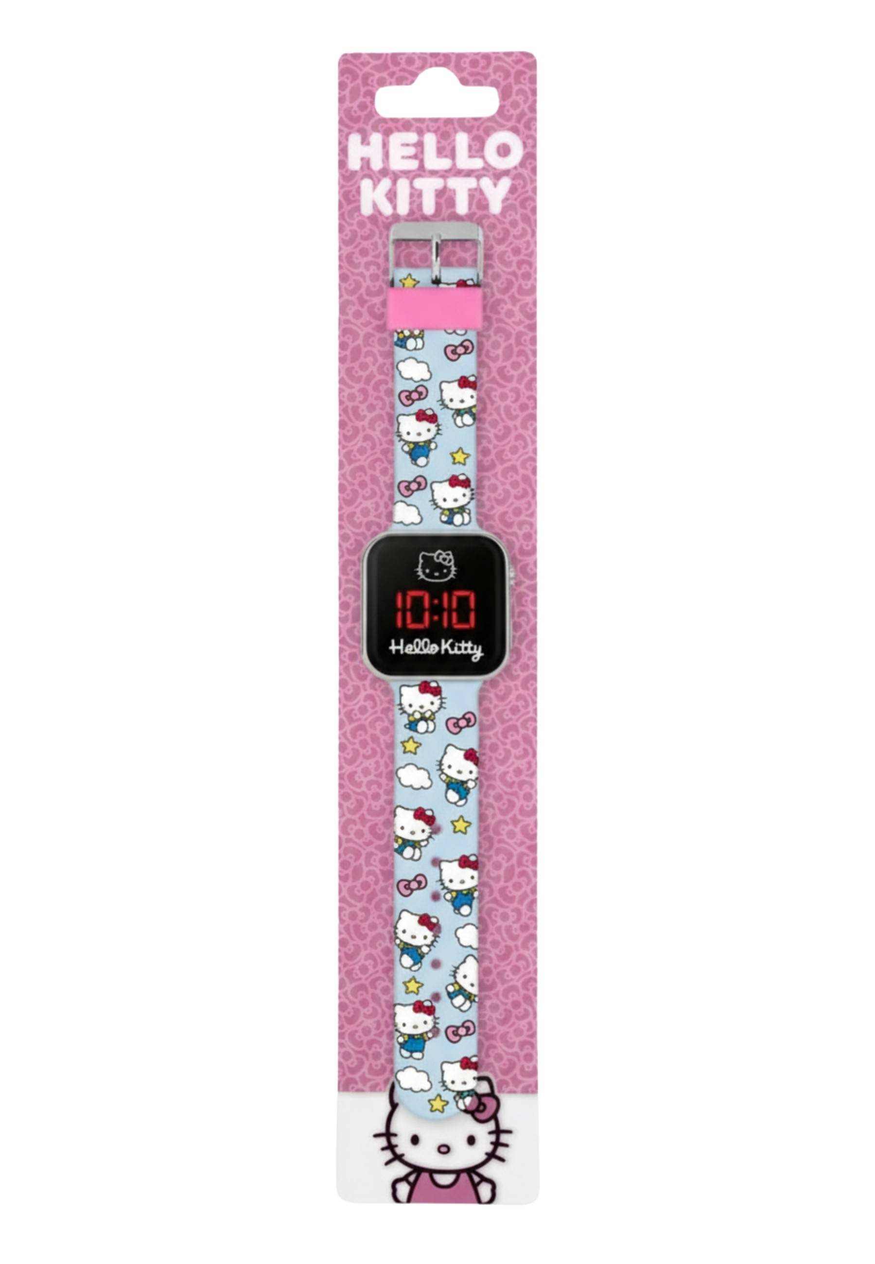 Eine Hello Kitty Digitaluhr mit einem blauen Armband mit weißen Wolken und Schleifen.