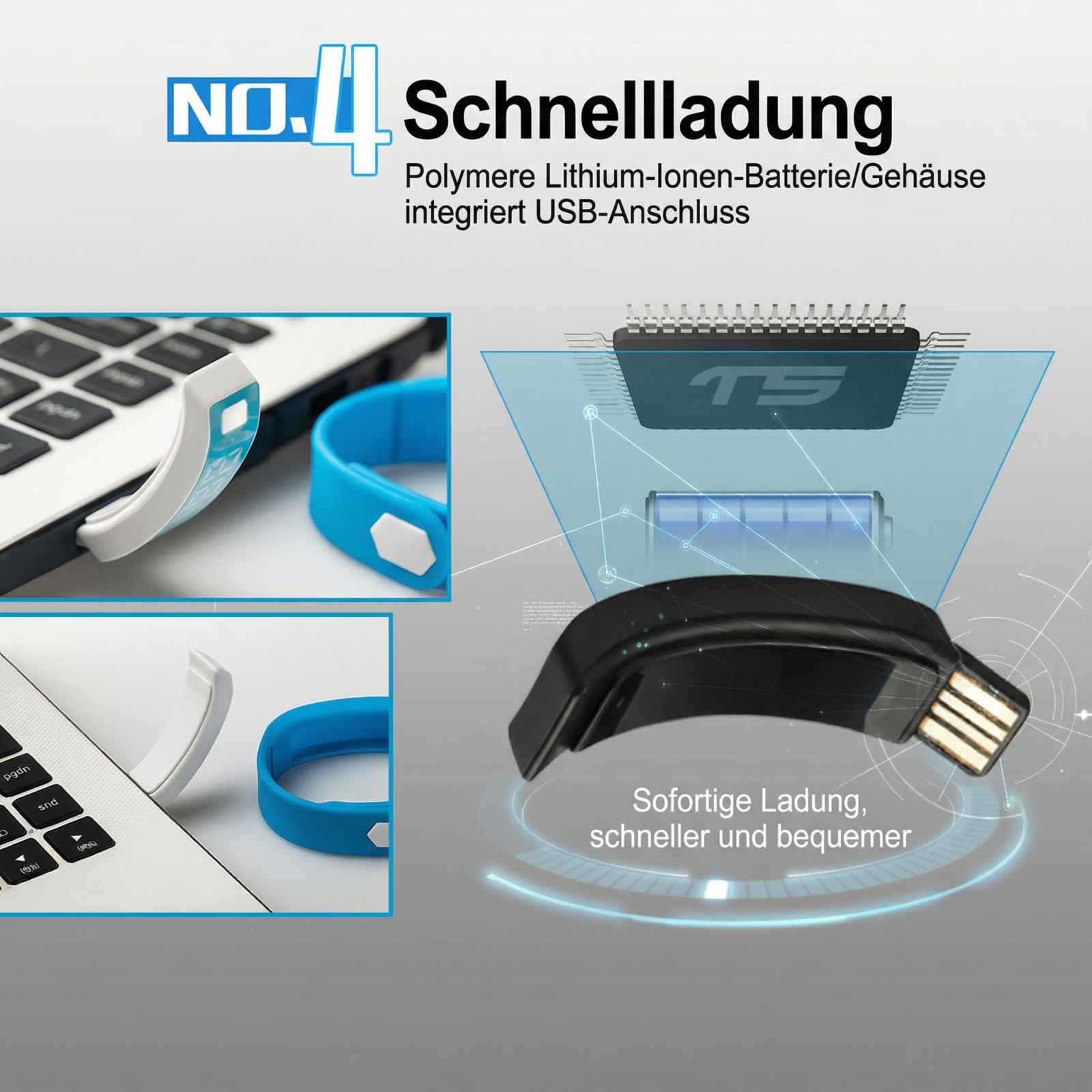 Schnellladung: USB-Ladegerät mit Batterie und Chip. Blaue und weiße Armbänder.