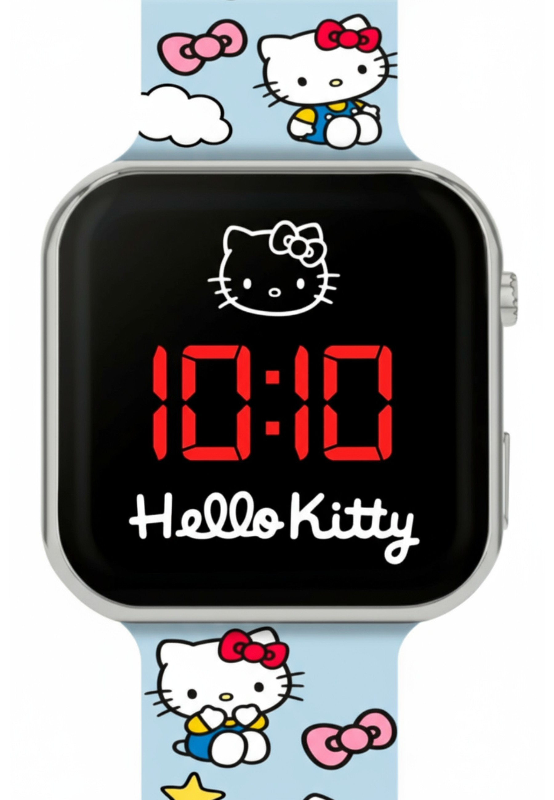 Eine Hello Kitty Uhr zeigt die Zeit 10:10 an. Blaue Bänder mit Mustern.