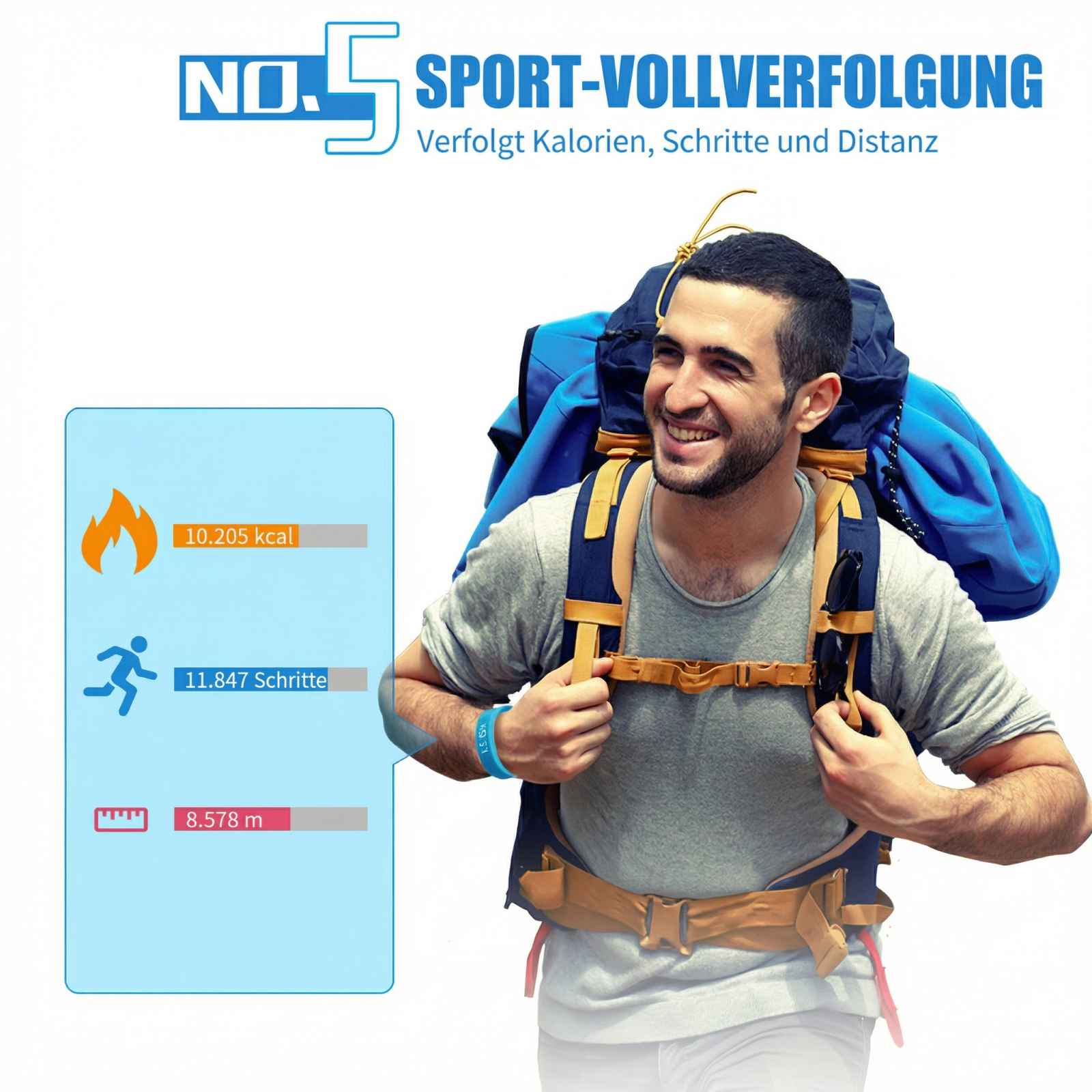 Ein Mann mit Rucksack zeigt Kalorien, Schritte und Distanz an.