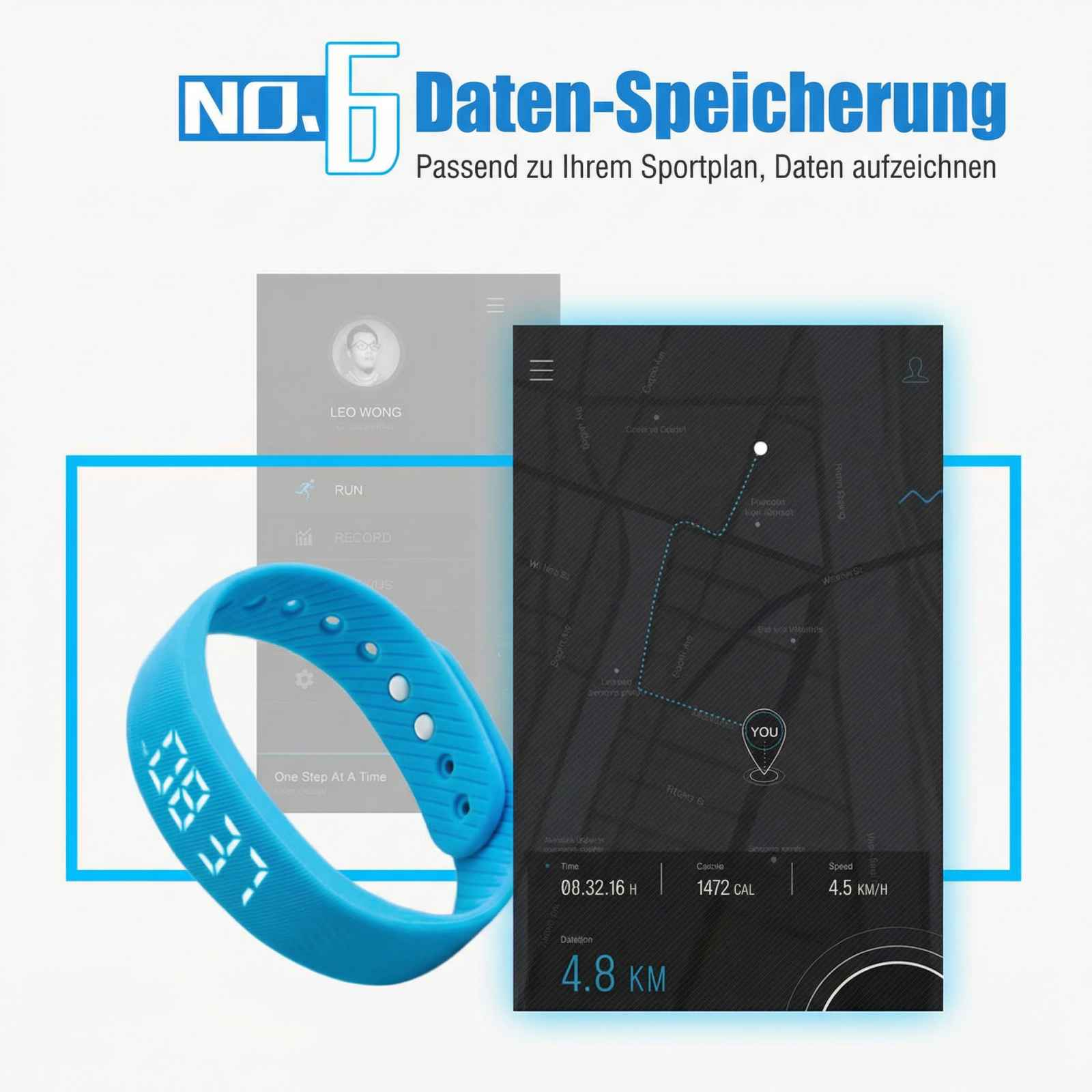 Blaues Fitnessarmband zeigt 08:37 Uhr neben App-Screens mit Karten und Sportdaten.