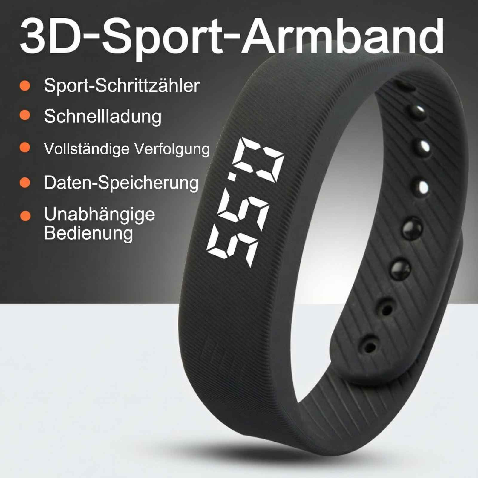 Schwarzes Sportarmband mit digitaler Anzeige 0.55 und Funktionen.