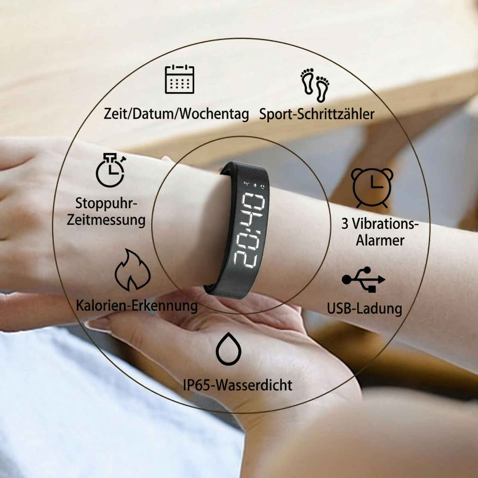 Schwarzes Fitnessarmband zeigt 20:40 an. Features: Datum, Schrittzähler, Stoppuhr, Kalorien, Alarm, USB.
